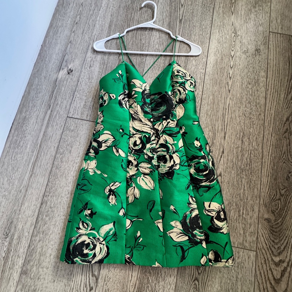 ALICE + OLIVIA Tayla Structured Lantern Mini Dress Floral green size 0 Holiday!